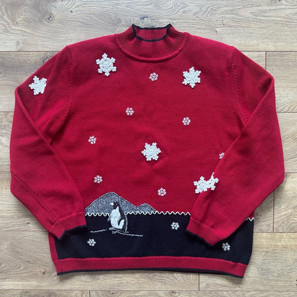 Vintage Alfred Dunner Penguin Christmas Sweater | Ski Knit | Size Large